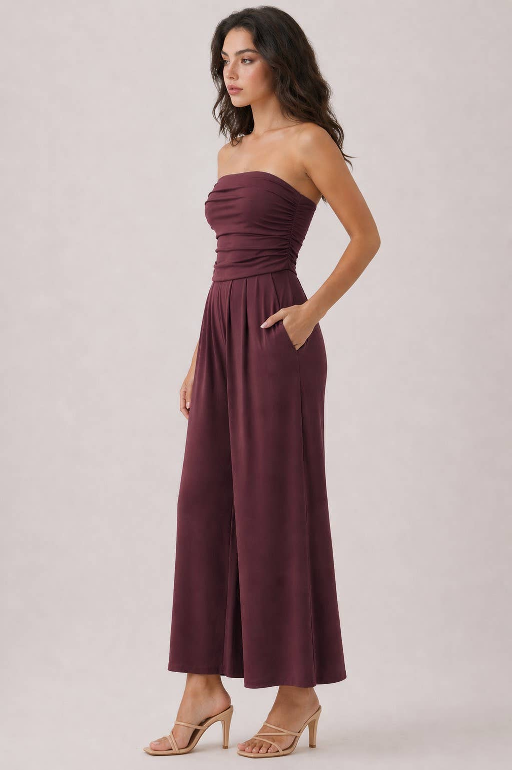 JR16435F - TUBE TOP W/SHIRRING PALAZZO ROMPER